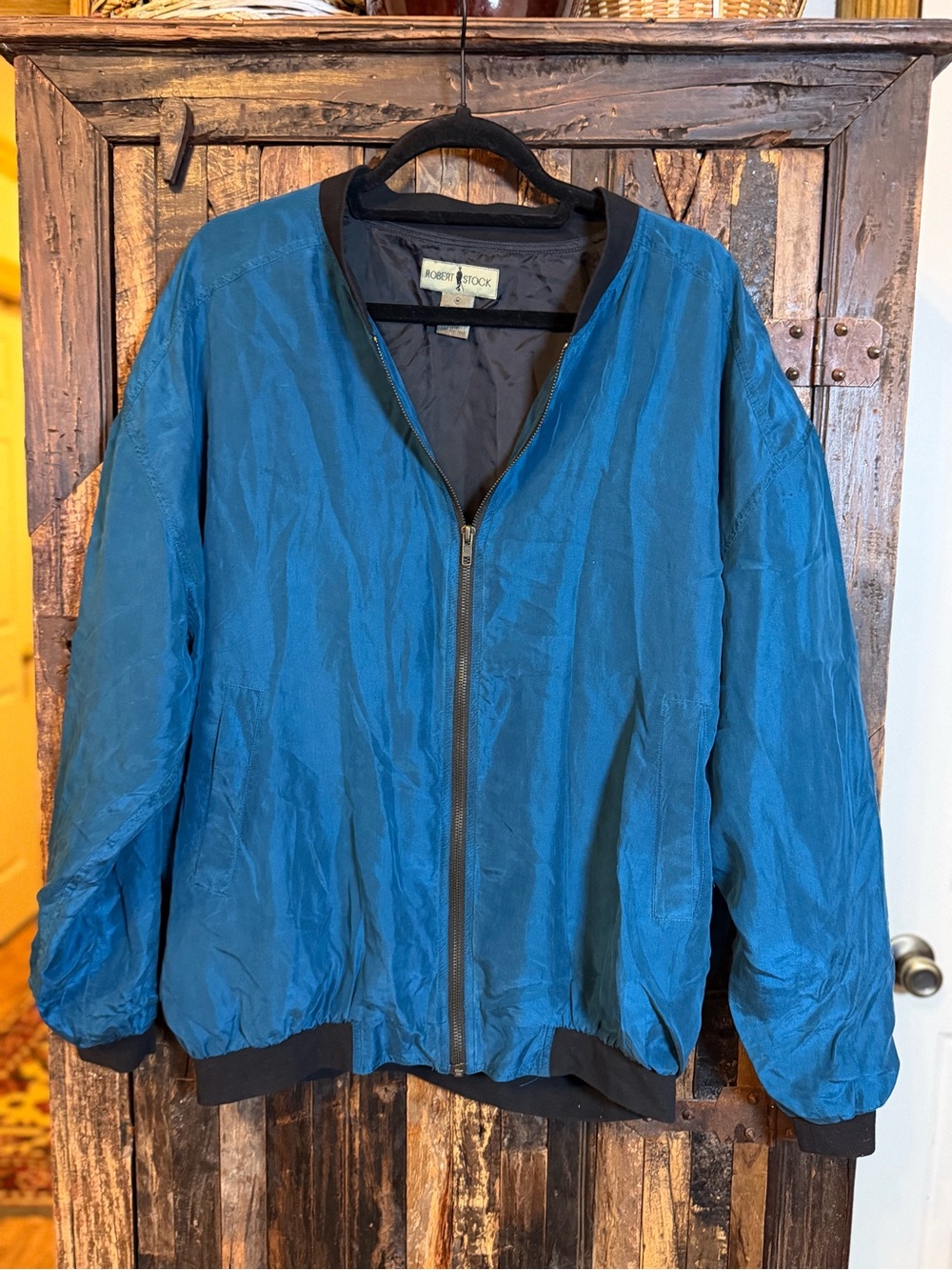 Vintage 90s Robert Stock 100% Silk Bomber Jacket L Blue Black Full Zip Retro